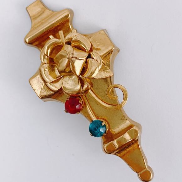 VTG 1940s Mid Century Brooch Pendant Convertible Red Blue Rhinestones Gold Tone - Picture 11 of 11